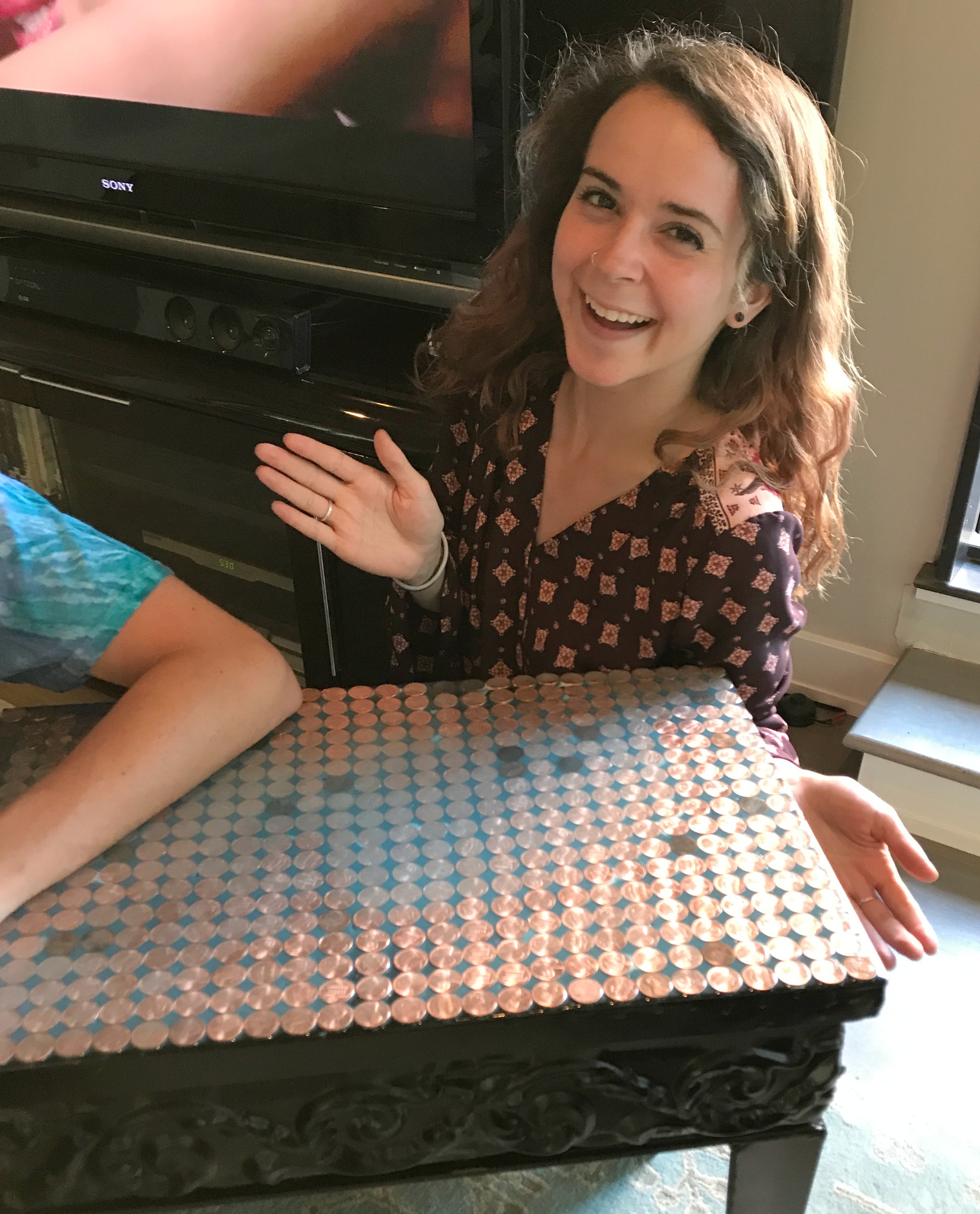 penny topped table upcycle - My French Twist